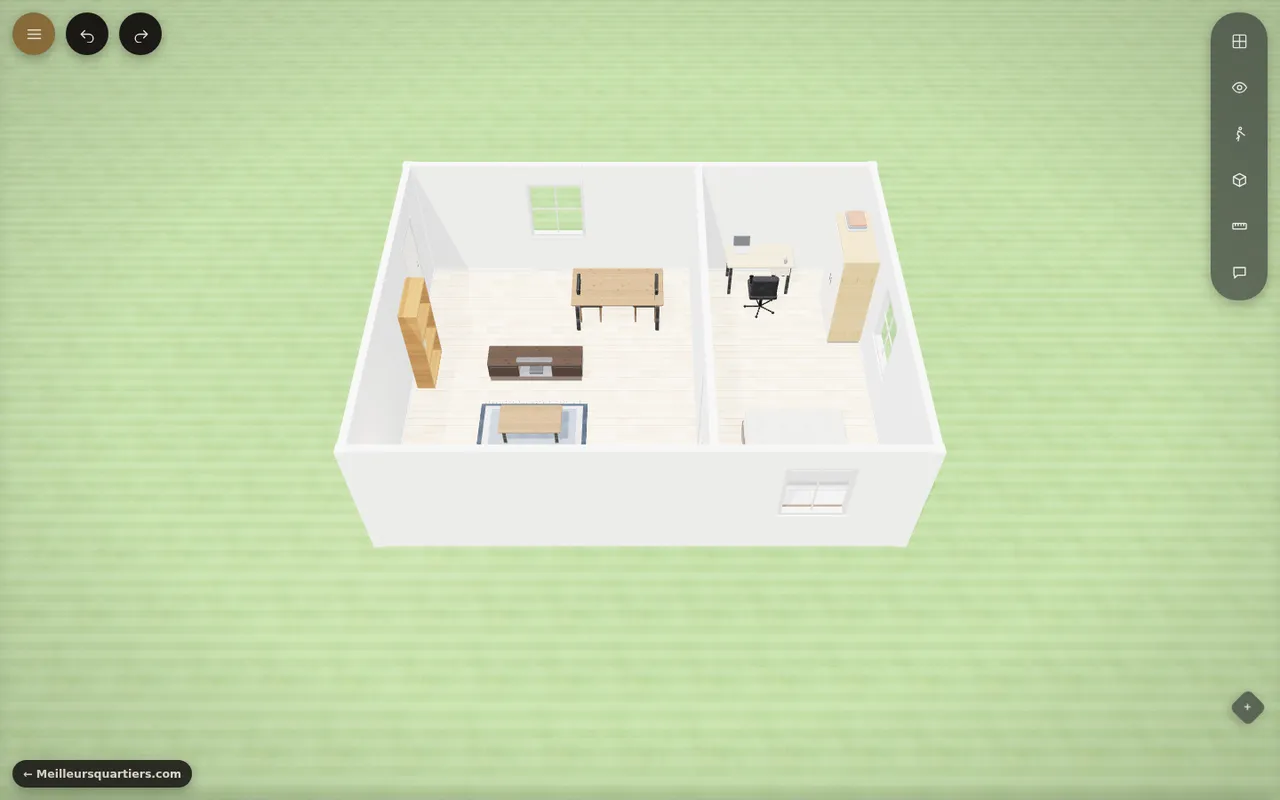 Interface du simulateur de rénovation 3D avec un appartement de deux pièces modélisé