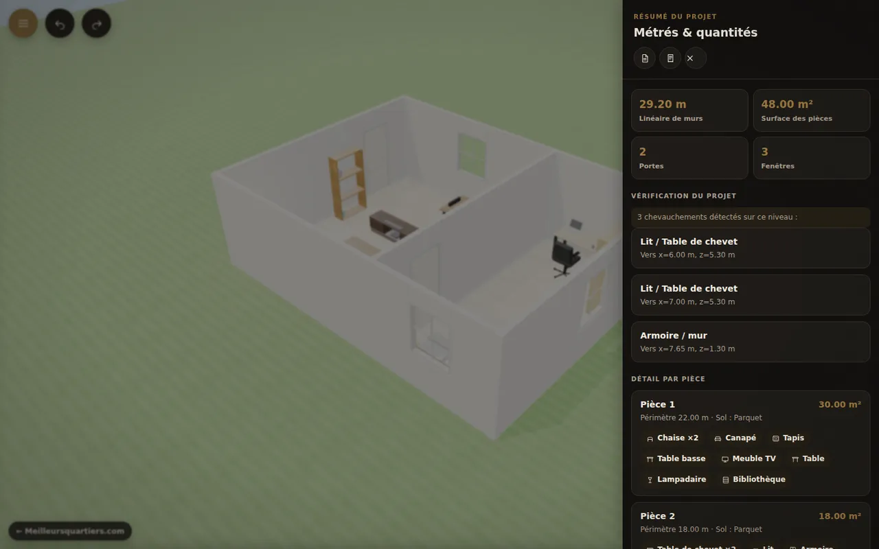 Panneau Métrés et quantités : linéaire de murs, surfaces, vérification du projet et détail par pièce