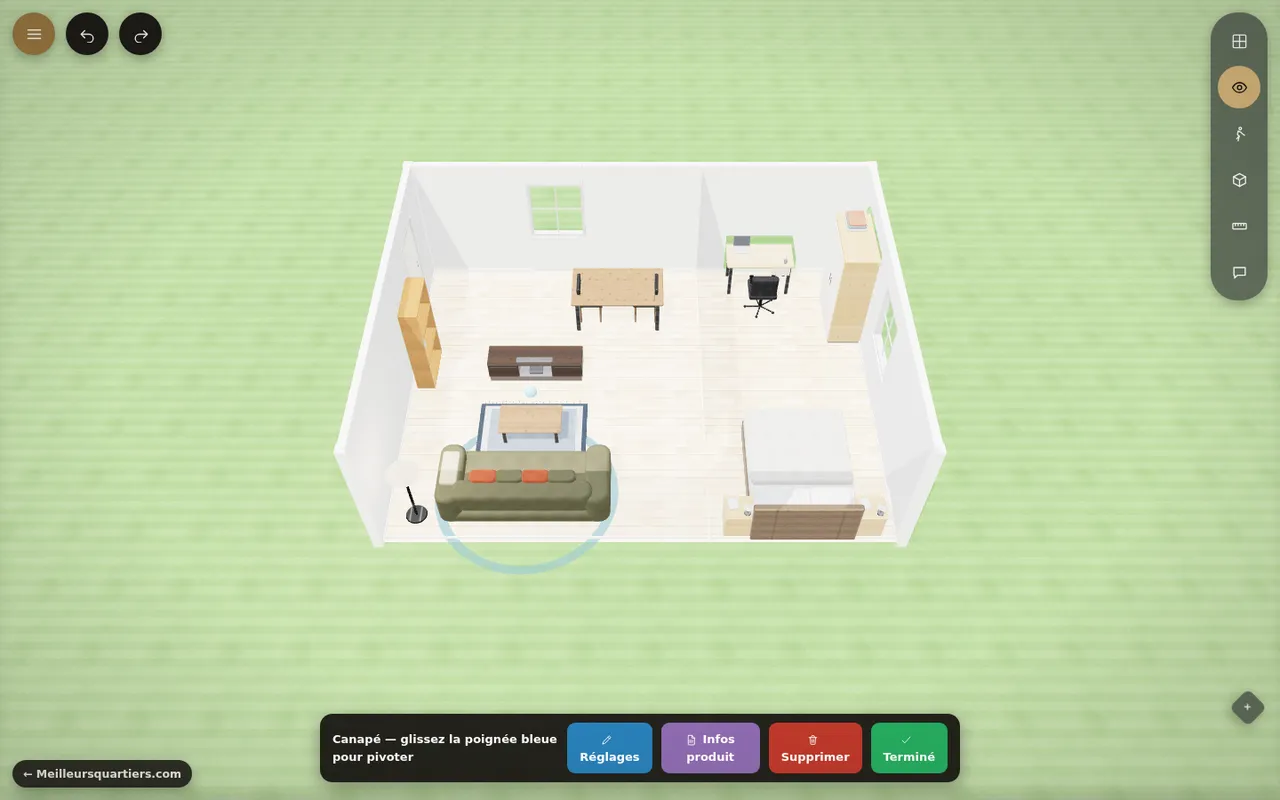 Canapé sélectionné dans le simulateur 3D avec la poignée de rotation et la barre d'actions